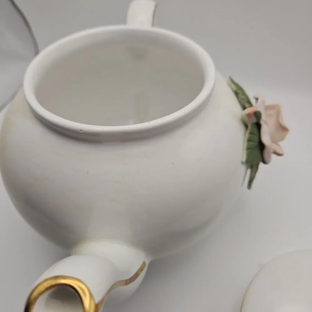 Teleflora Vintage Porcelain Teapot 3D Pink Roses Gold Trim 6.5